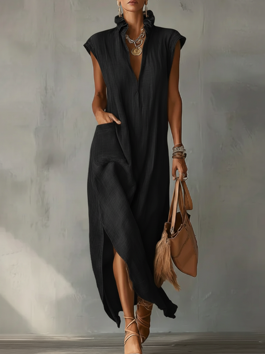 Sleeveless High Neck High Split Linen Look Maxi Dress 7