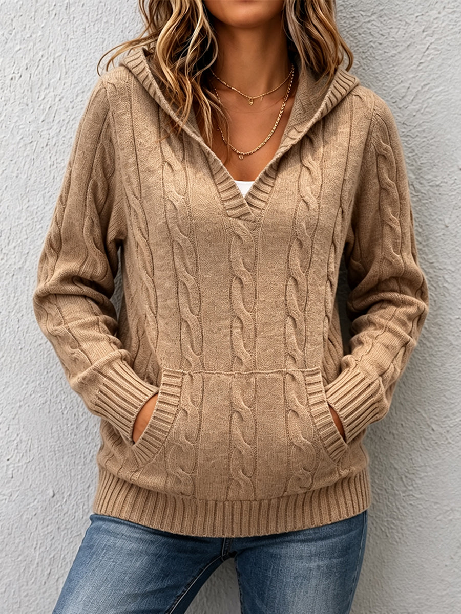 Cable Knit V-Neck Hooded Sweater with Pocket 2