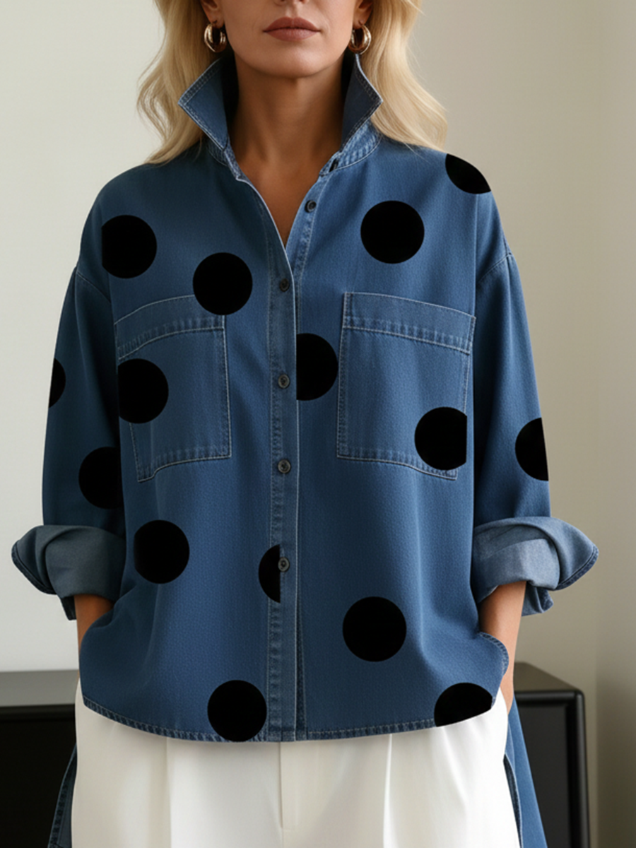 Polka Dot Button Front Oversized Denim Overshirt 2