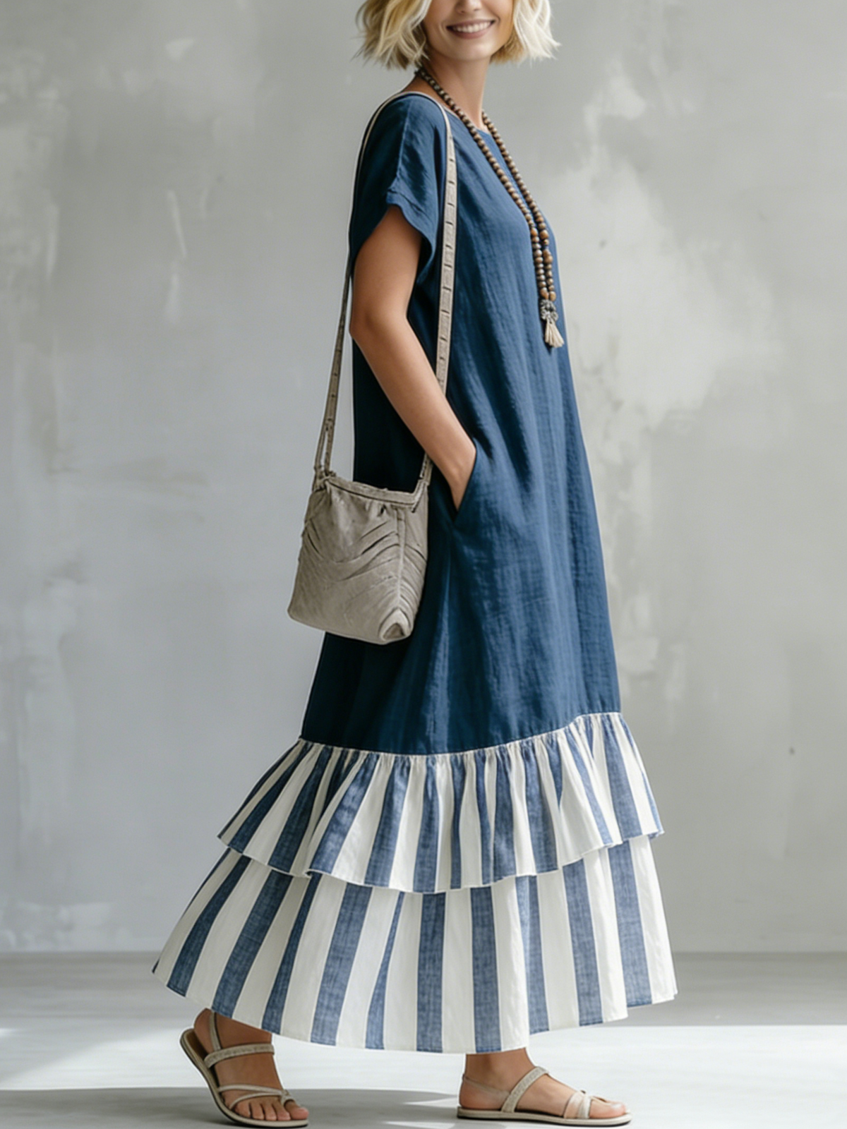 Round Neck Short Sleeve Striped Tiered Ruffle Hem Maxi Dress 3