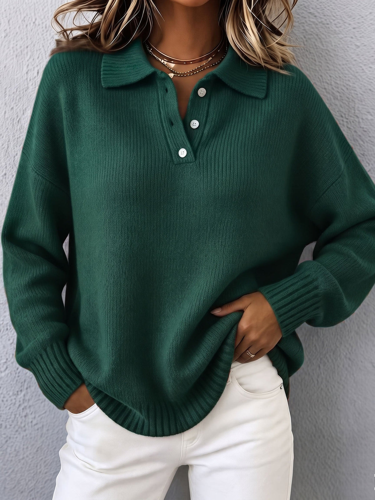 Polo Collar Button Neck Drop Shoulder Knit Sweater