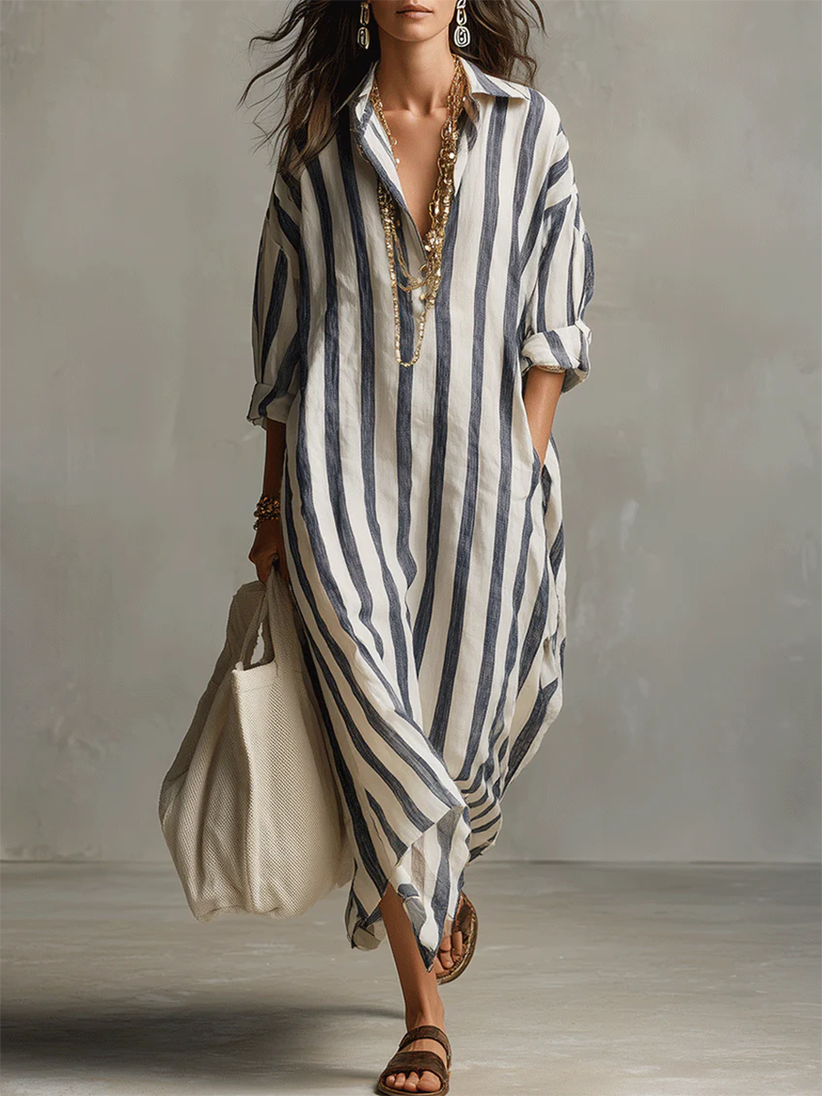 Striped Collared V Placket Long Sleeve Oversized Maxi Shirt Dress