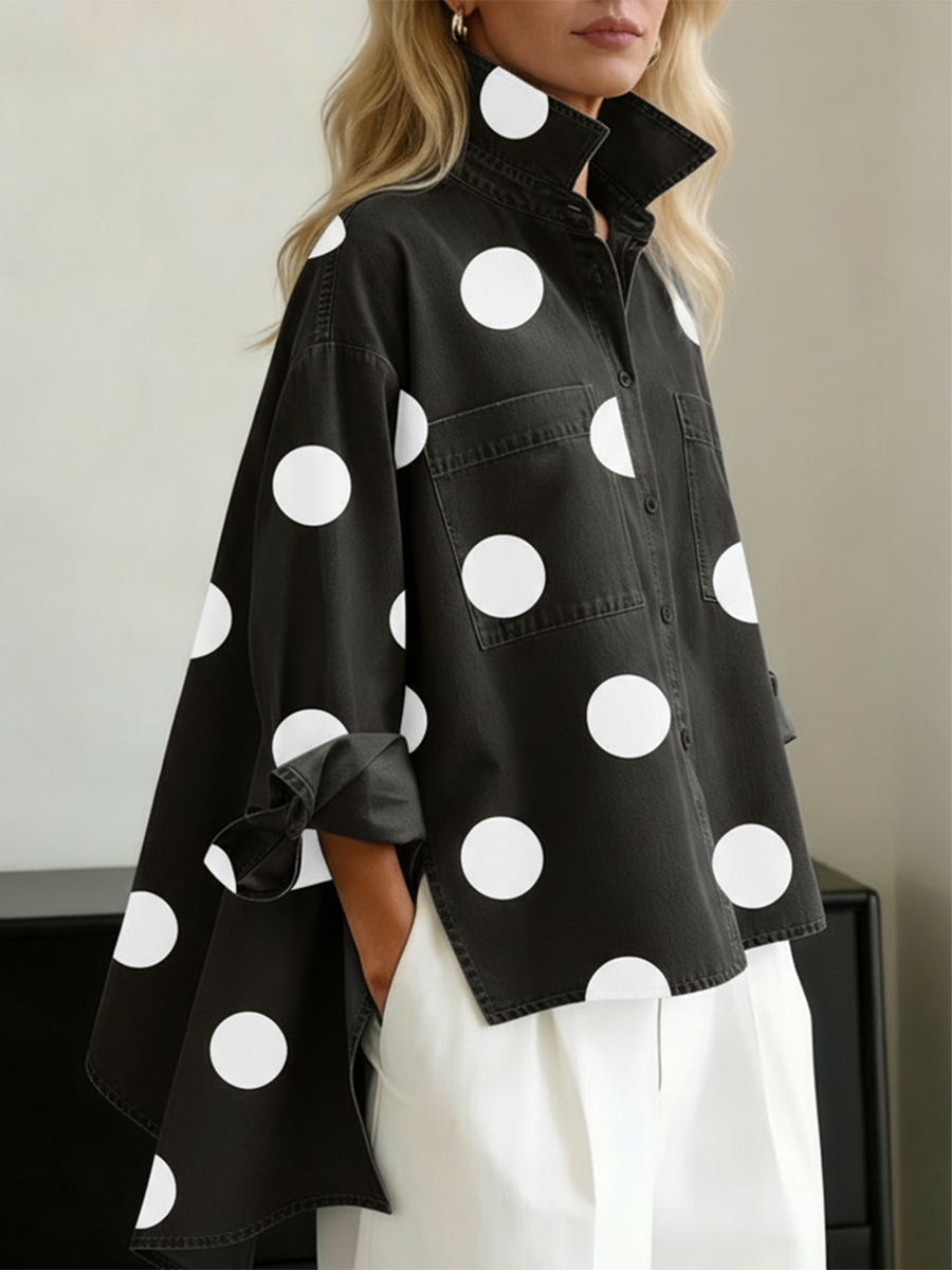 Polka Dot Button Front Oversized Denim Overshirt 3