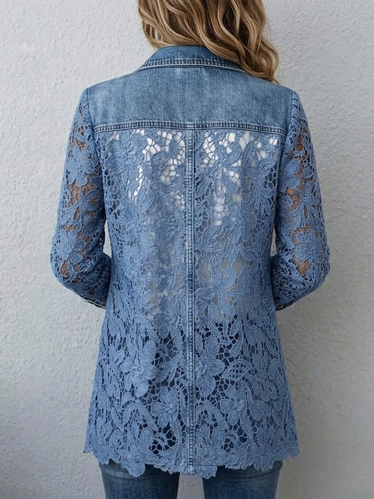 Floral Lace Panel Denim Look Notch Lapel Blazer 2