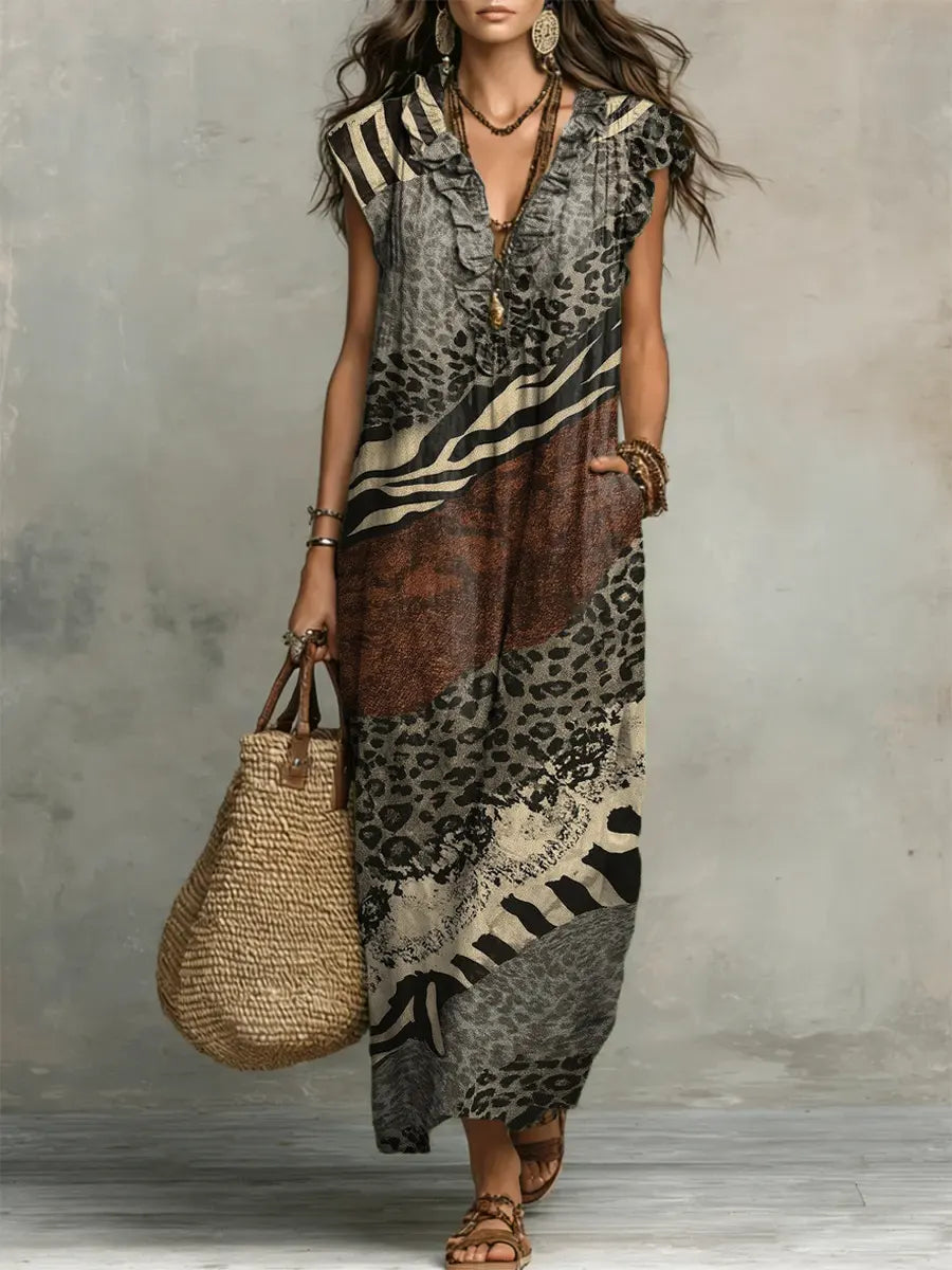 Mixed Animal Print V-Neck Ruffle Sleeveless Maxi Dress 4