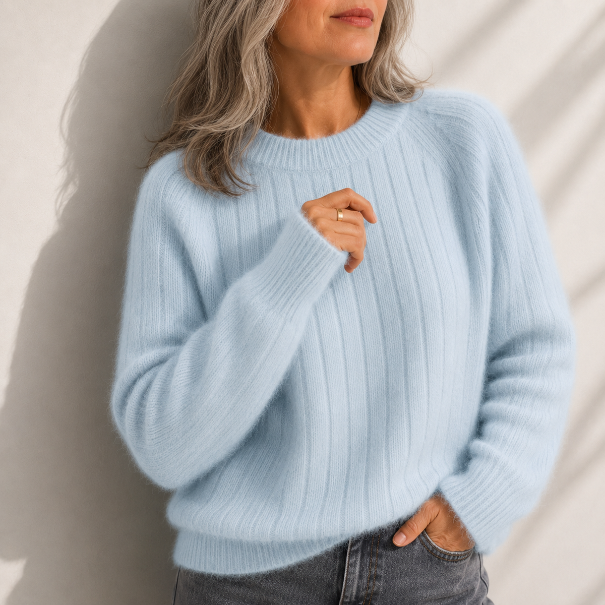 Crew Neck Ribbed Fluffy Knit Long Sleeve Sweater 2