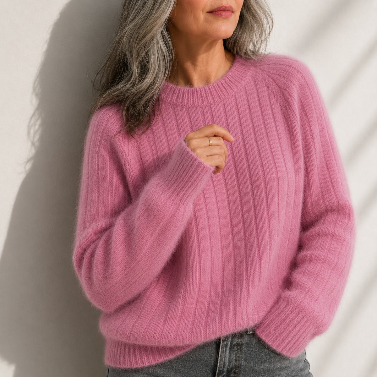 Crew Neck Ribbed Fluffy Knit Long Sleeve Sweater 7