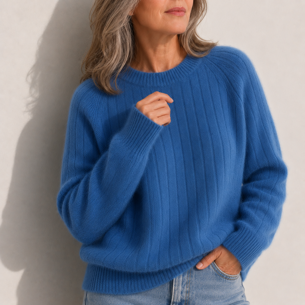 Crew Neck Ribbed Fuzzy Knit Sweater 3