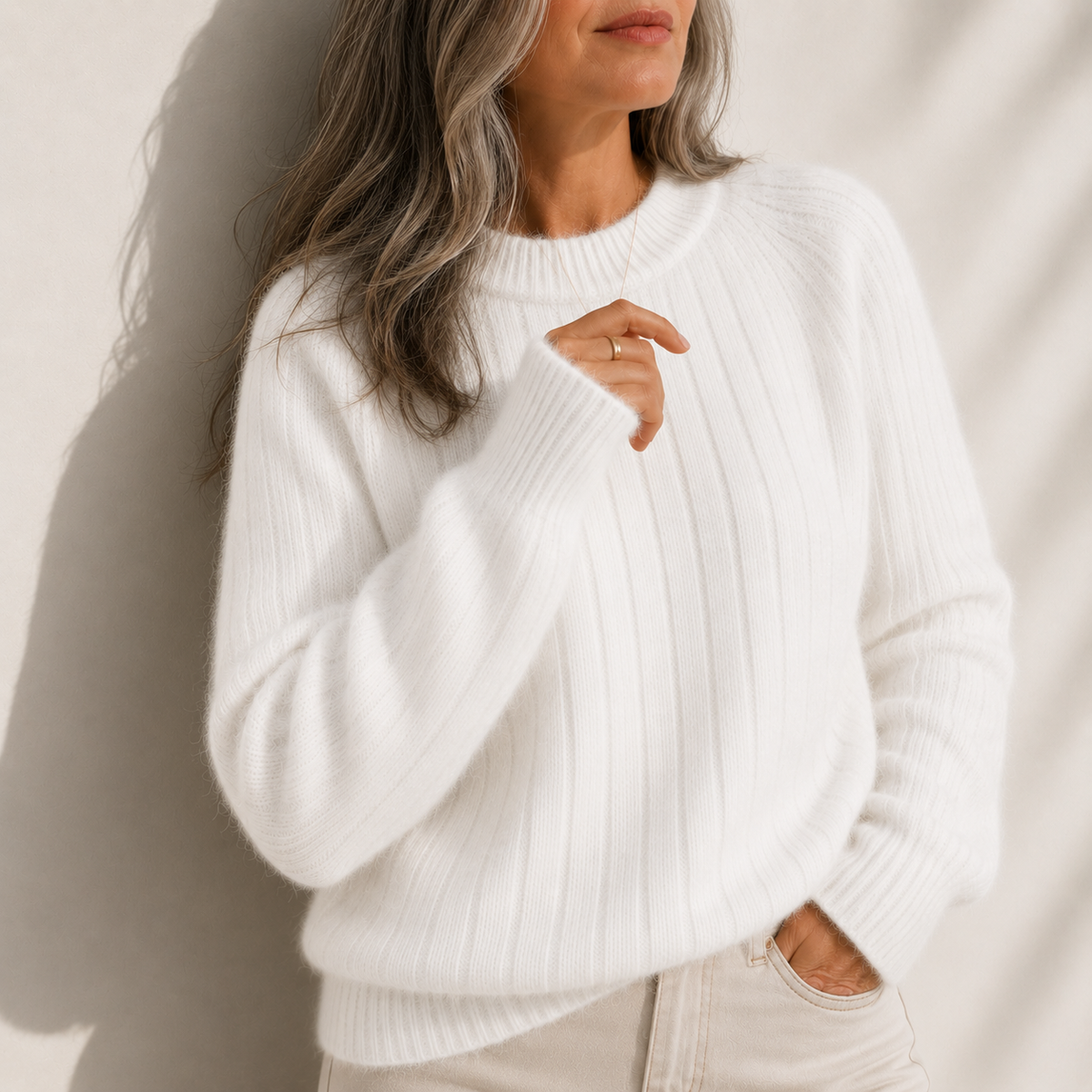 Crew Neck Ribbed Fuzzy Knit Sweater 5