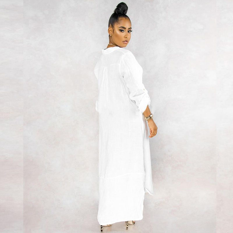 Button Down Collared Roll Tab Sleeve Box Pleat Maxi Shirt Dress - View 15
