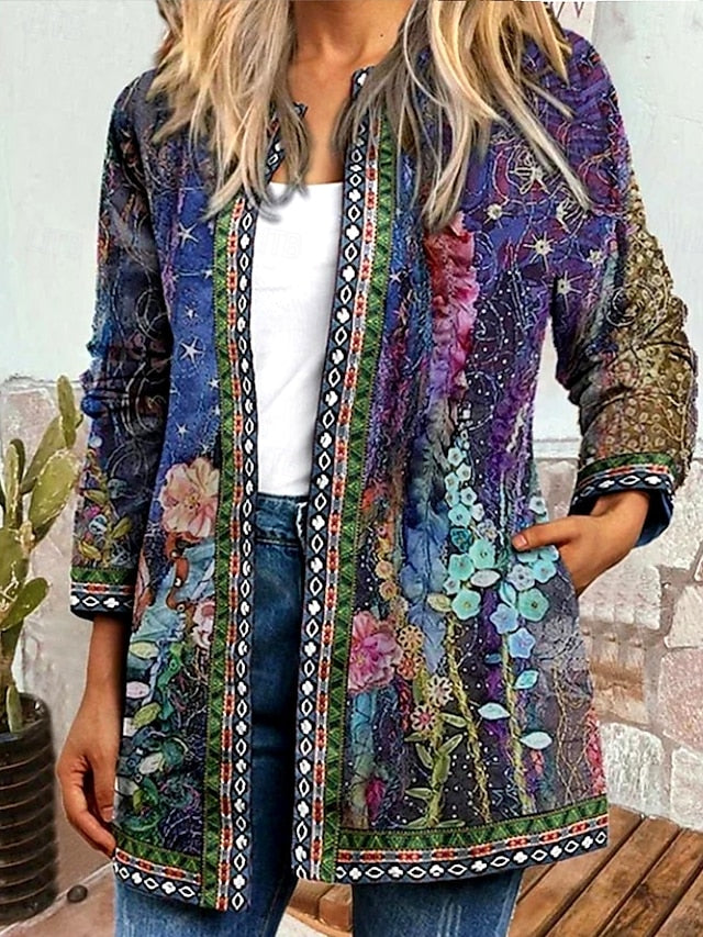 Floral Bohemian Border Print Open Front Longline Jacket