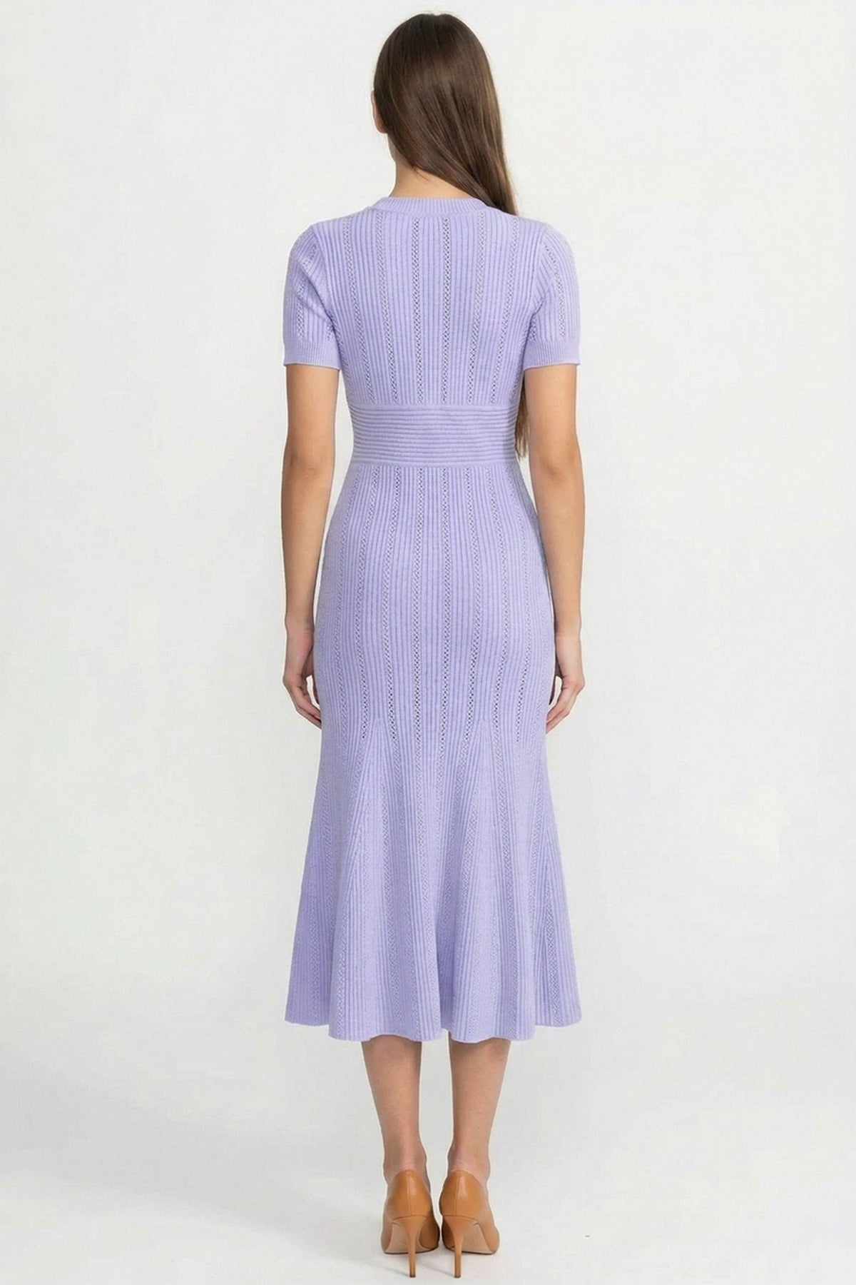 Ribbed Pointelle Deep V-Neck Short Sleeve Button Front Flounce Hem Midi Dress - View 5