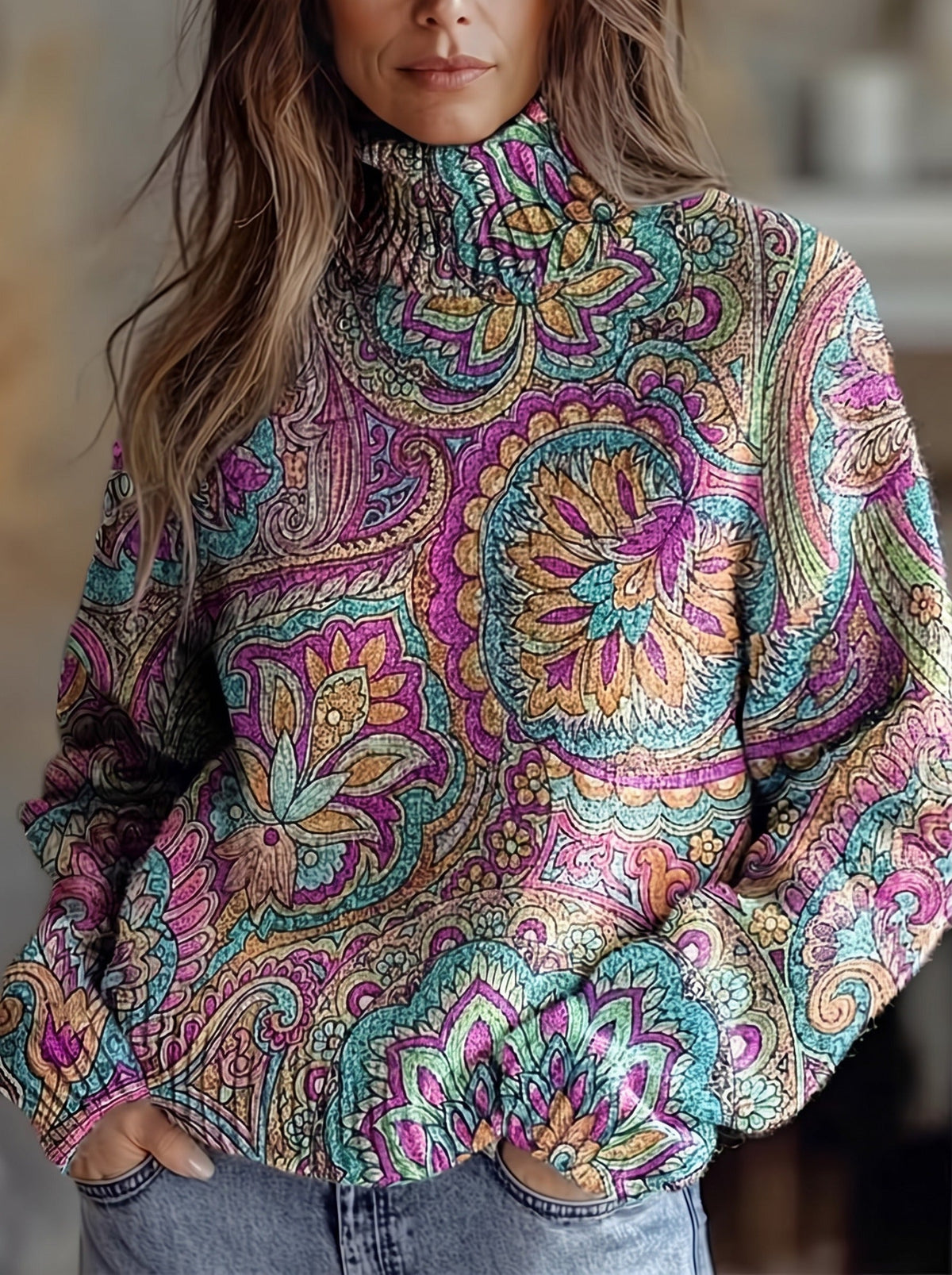 Paisley Print Turtleneck Long Sleeve Textured Top