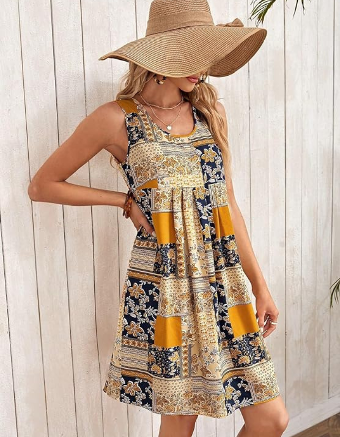 Patchwork Floral Empire Waist Sleeveless A-Line Summer Mini Dress - View 4
