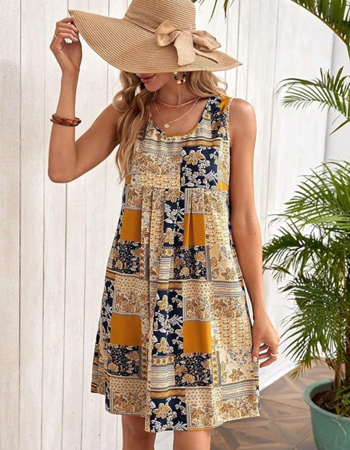 Patchwork Floral Empire Waist Sleeveless A-Line Summer Mini Dress - View 3