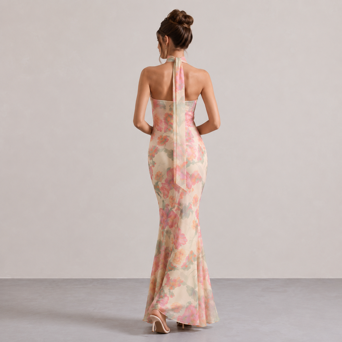 Strapless Floral Print Scarf Neck Mermaid Maxi Dress 18