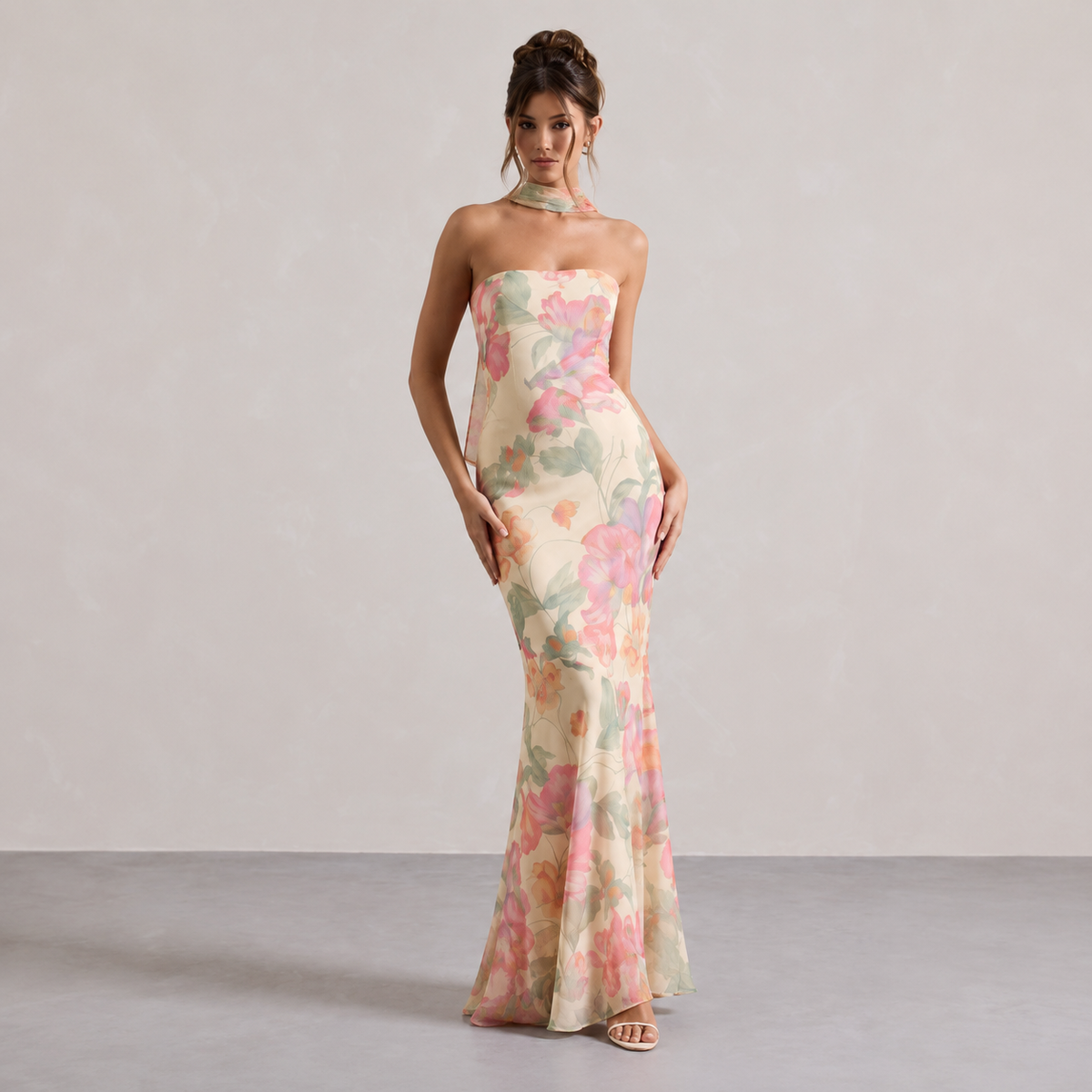 Strapless Floral Print Scarf Neck Mermaid Maxi Dress 16