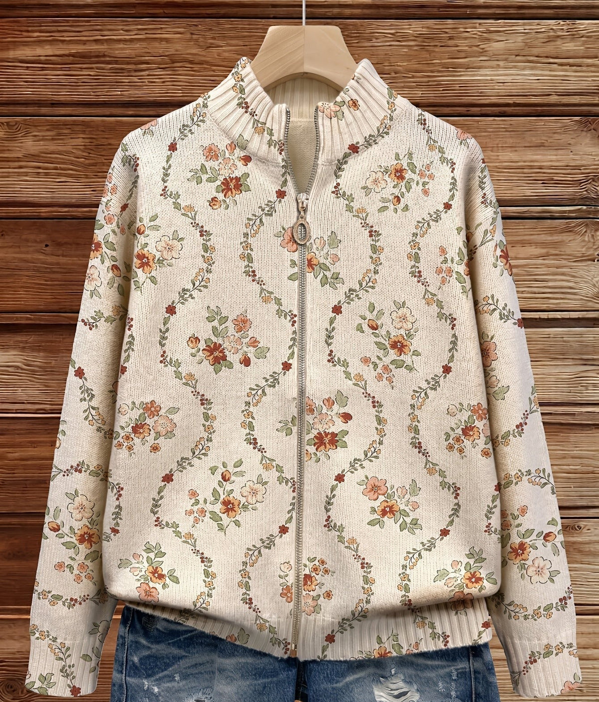 Floral Print Zip Front Stand Collar Cardigan 4