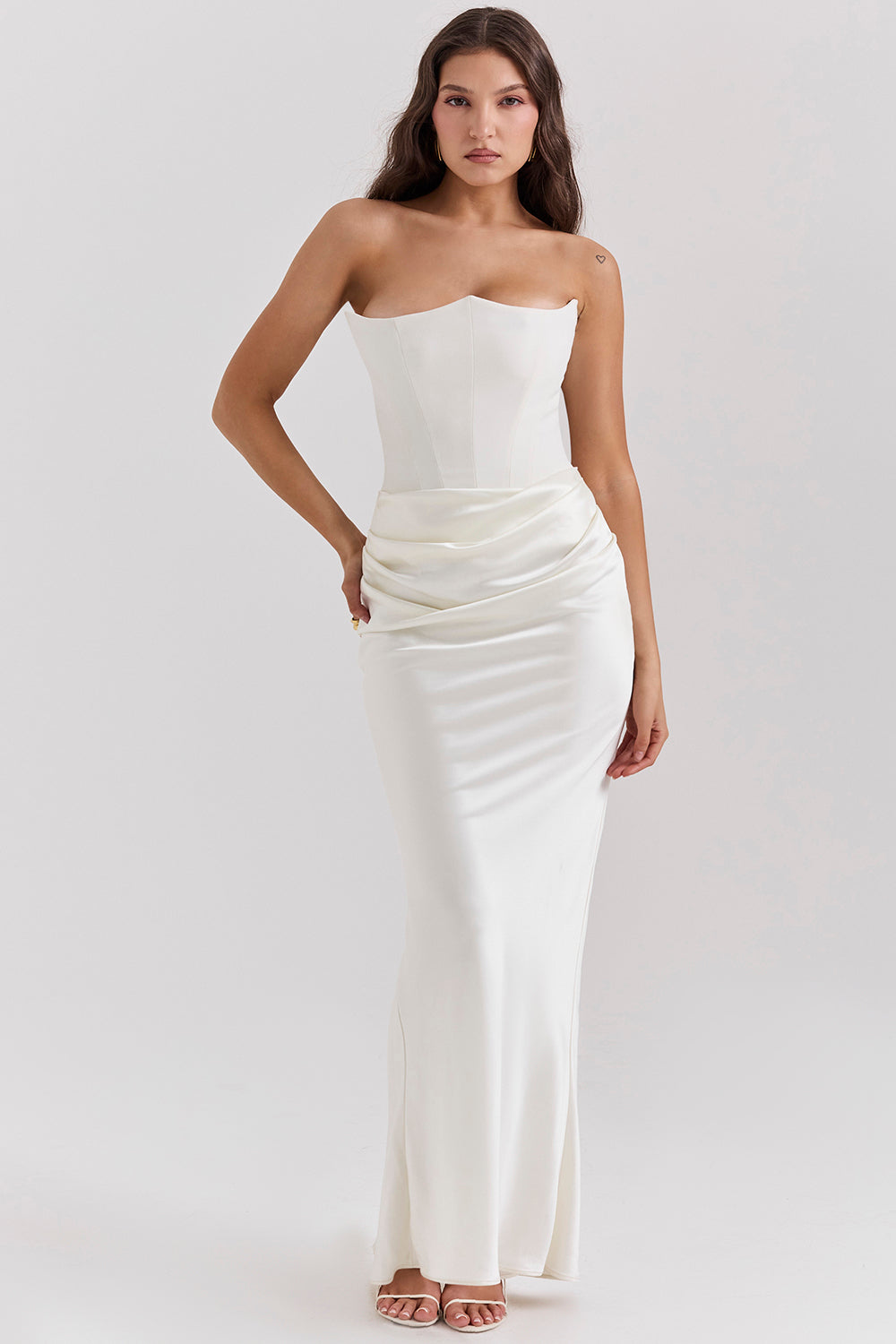 Satin Strapless Corset Ruched Waist Mermaid Maxi Dress
