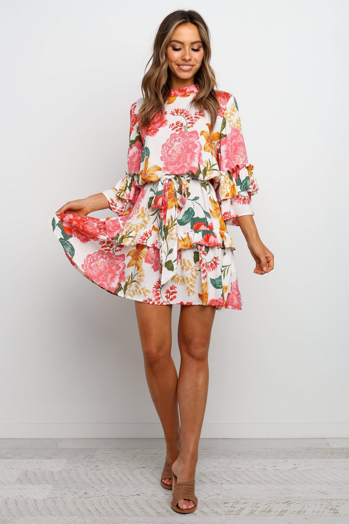 Floral High Neck Ruffle Sleeve Tiered Mini Dress 3