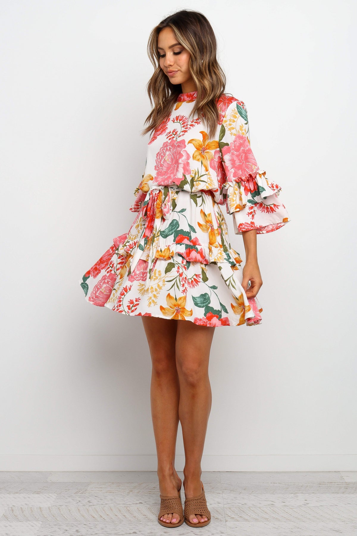 Floral High Neck Ruffle Sleeve Tiered Mini Dress 12