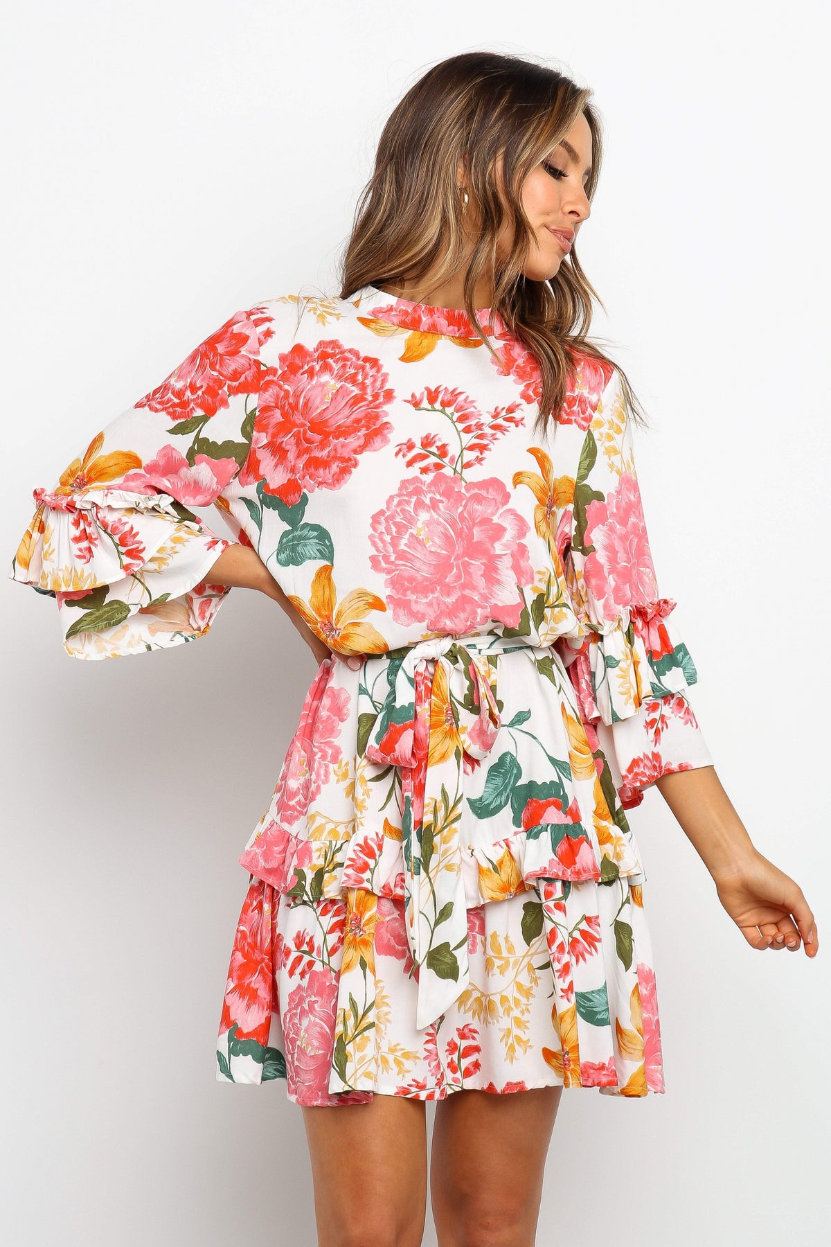 Floral High Neck Ruffle Sleeve Tiered Mini Dress 13