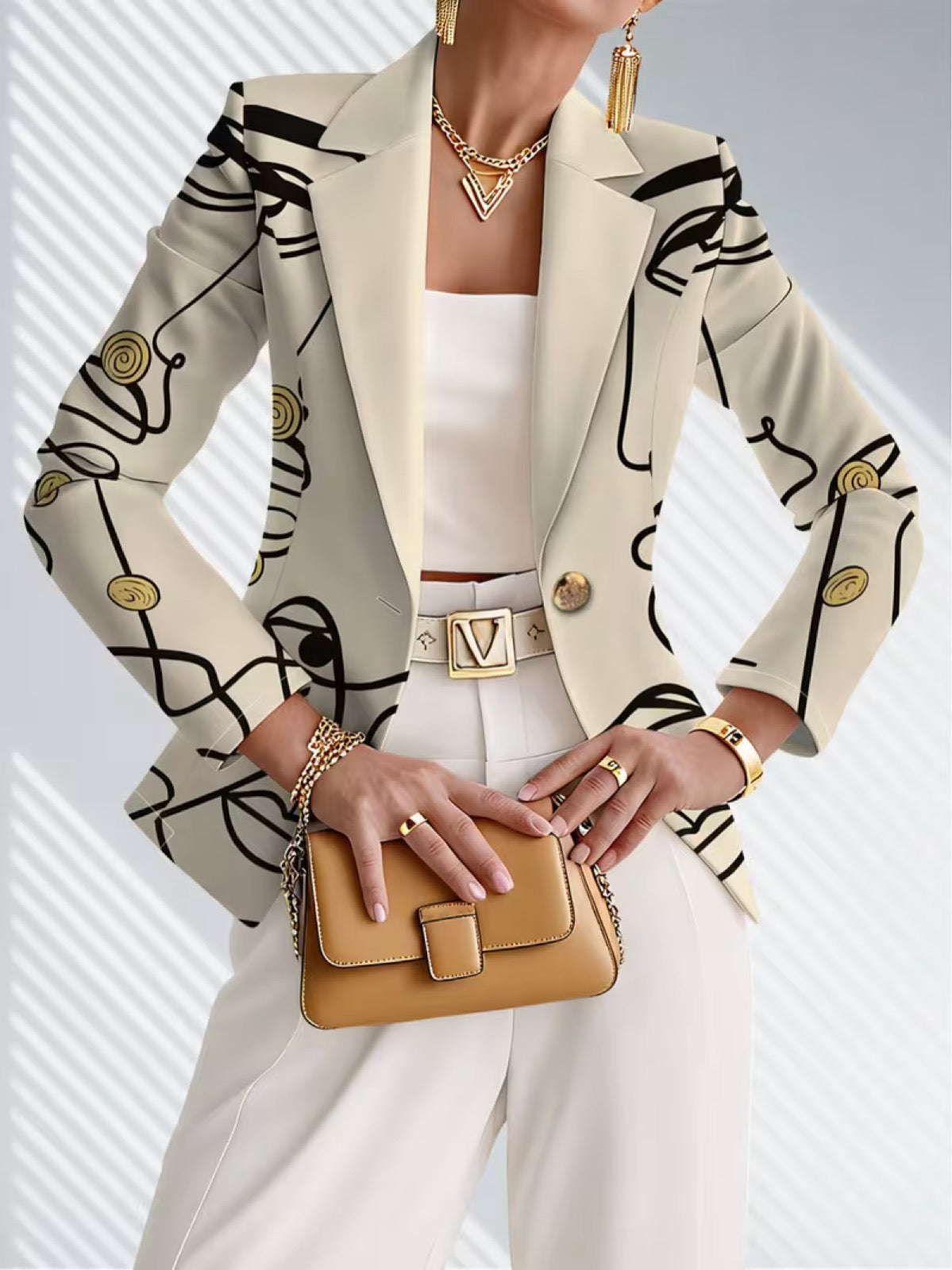 Abstract Line Art Print Single Button Blazer 5