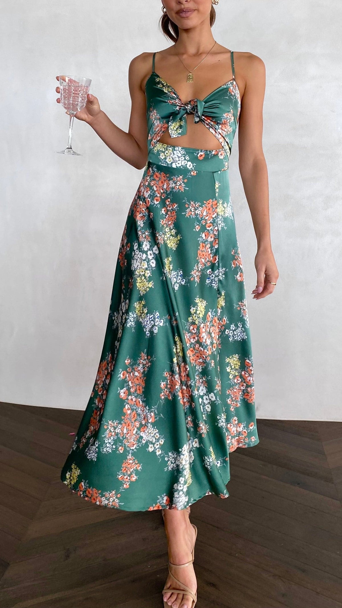 Floral Deep V-Neck Spaghetti Strap Tie Front High Split Midi Dress - View 9