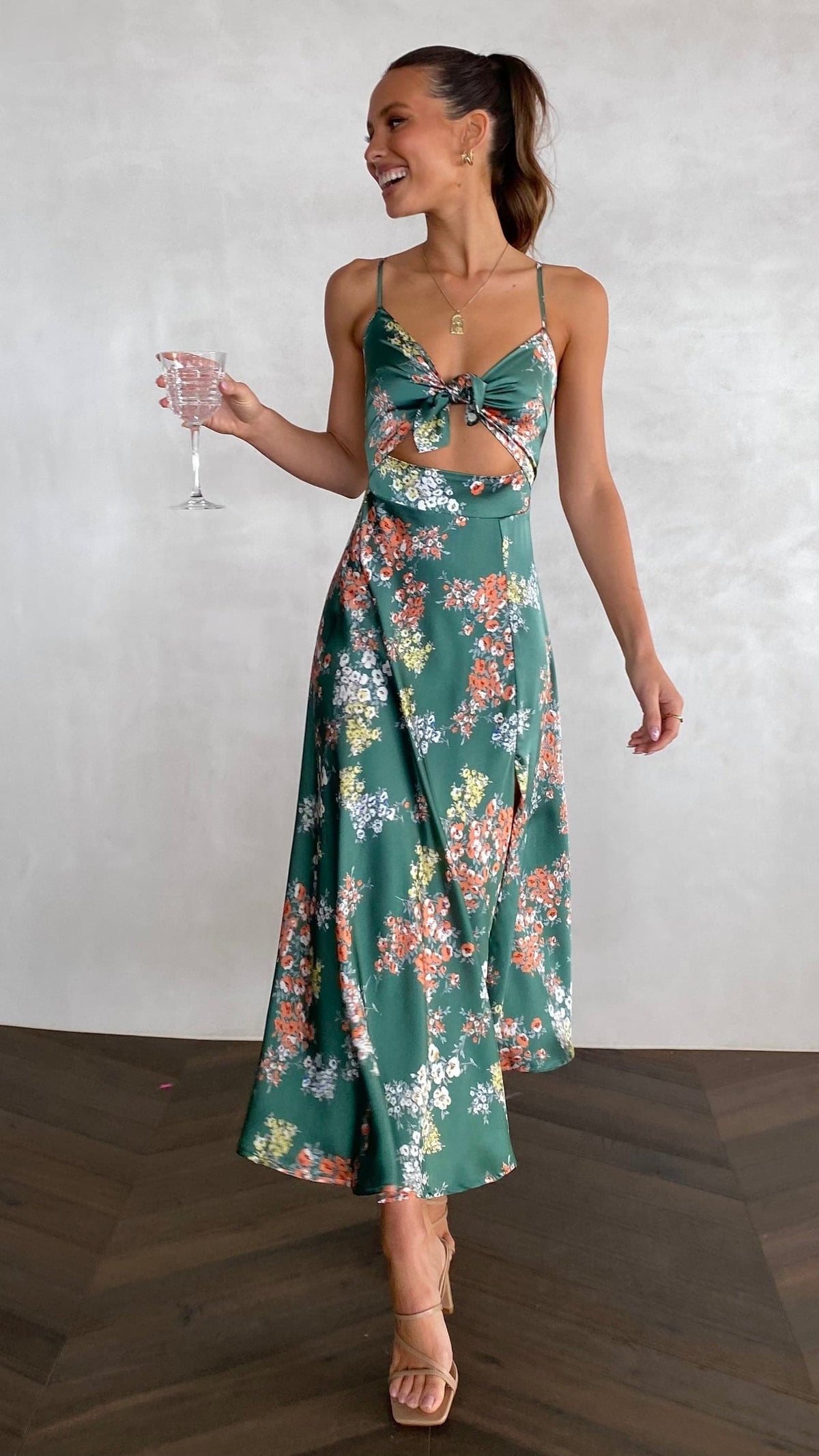 Floral Deep V-Neck Spaghetti Strap Tie Front High Split Midi Dress - View 14