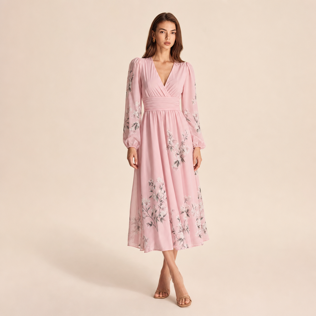 Floral V-Neck Long Sleeve Pleated Chiffon Maxi Dress 10