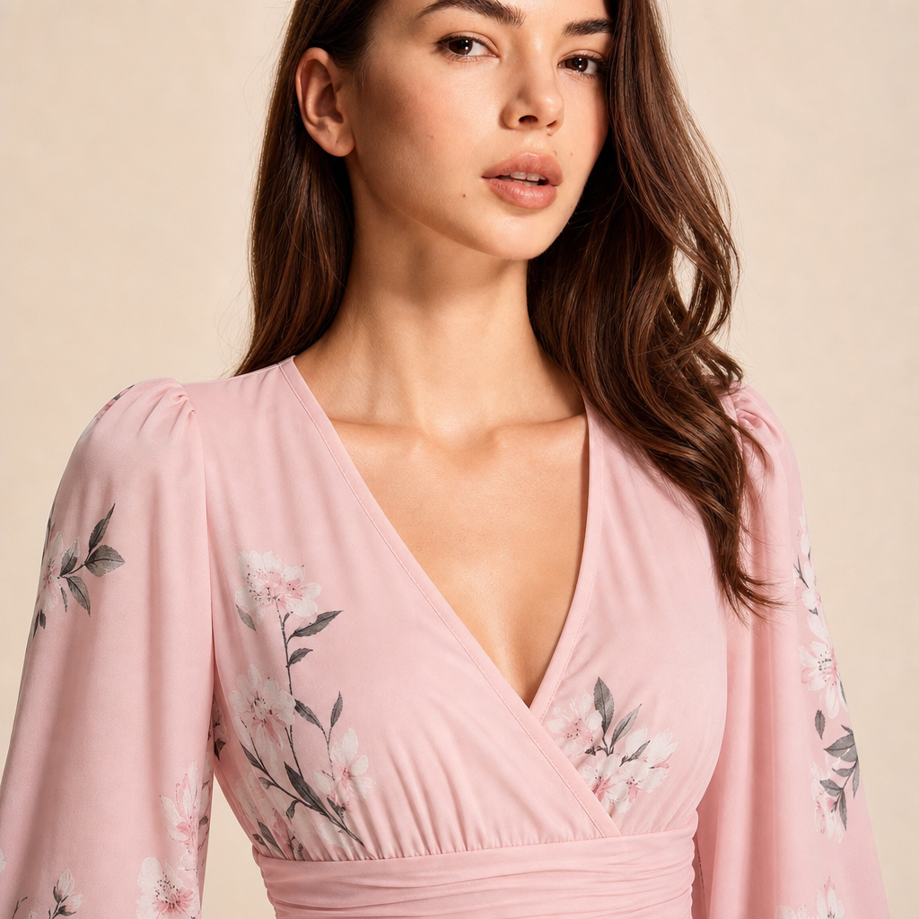 Floral V-Neck Long Sleeve Pleated Chiffon Maxi Dress 11