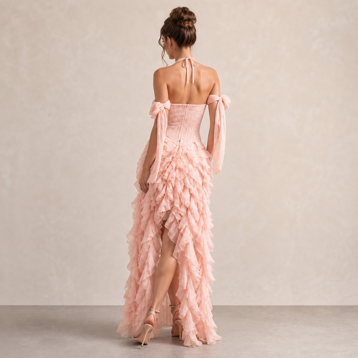 Halter Neck Off Shoulder Corset Ruffle High Low Maxi Dress 9