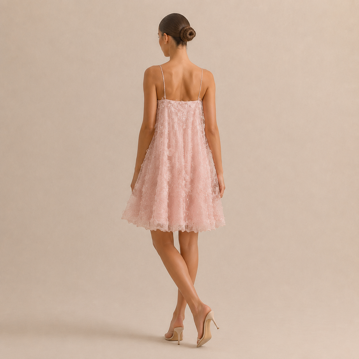Floral Applique Spaghetti Strap Tulle Babydoll Mini Dress 3