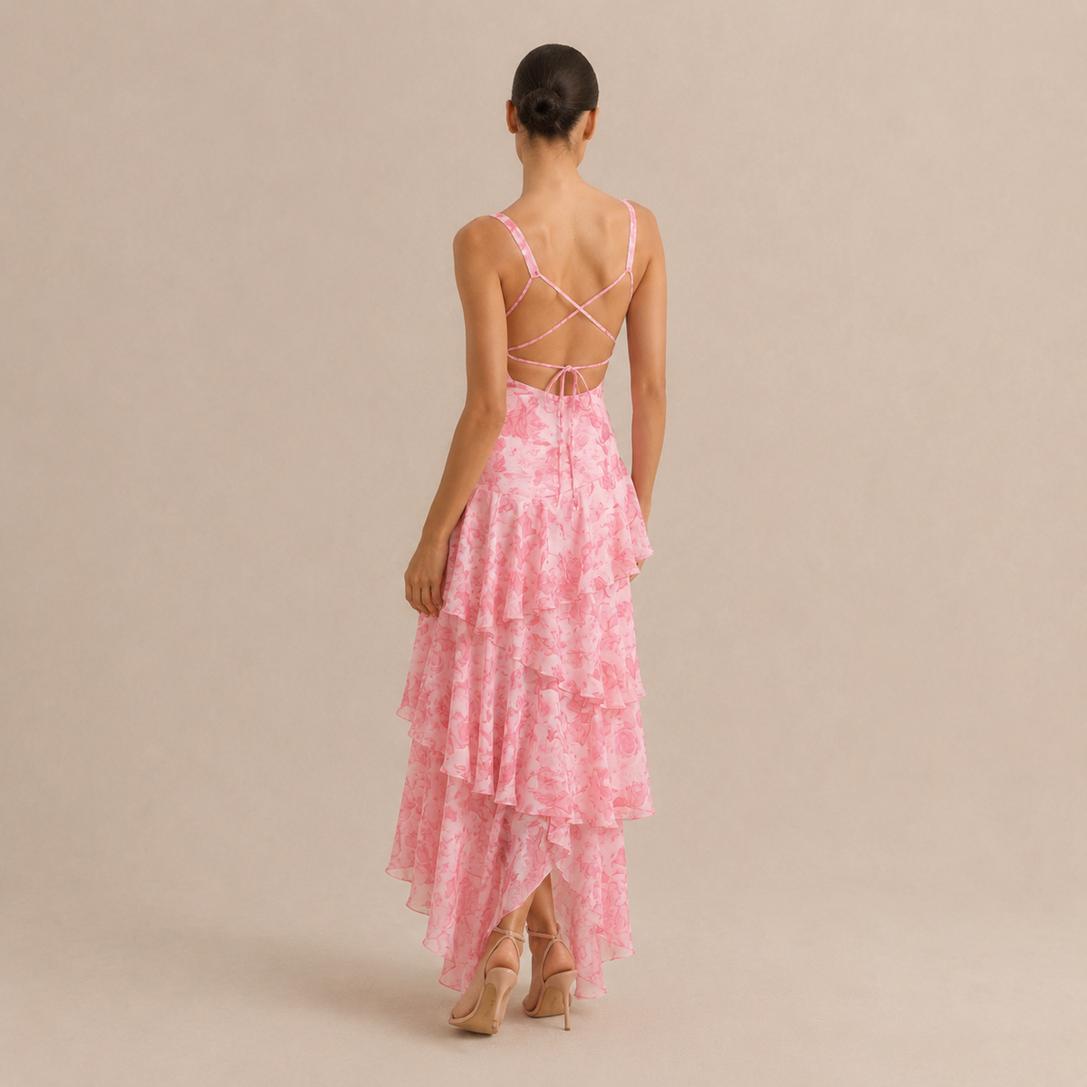 Floral Deep V-Neck Sleeveless Tiered Ruffle Maxi Dress 6