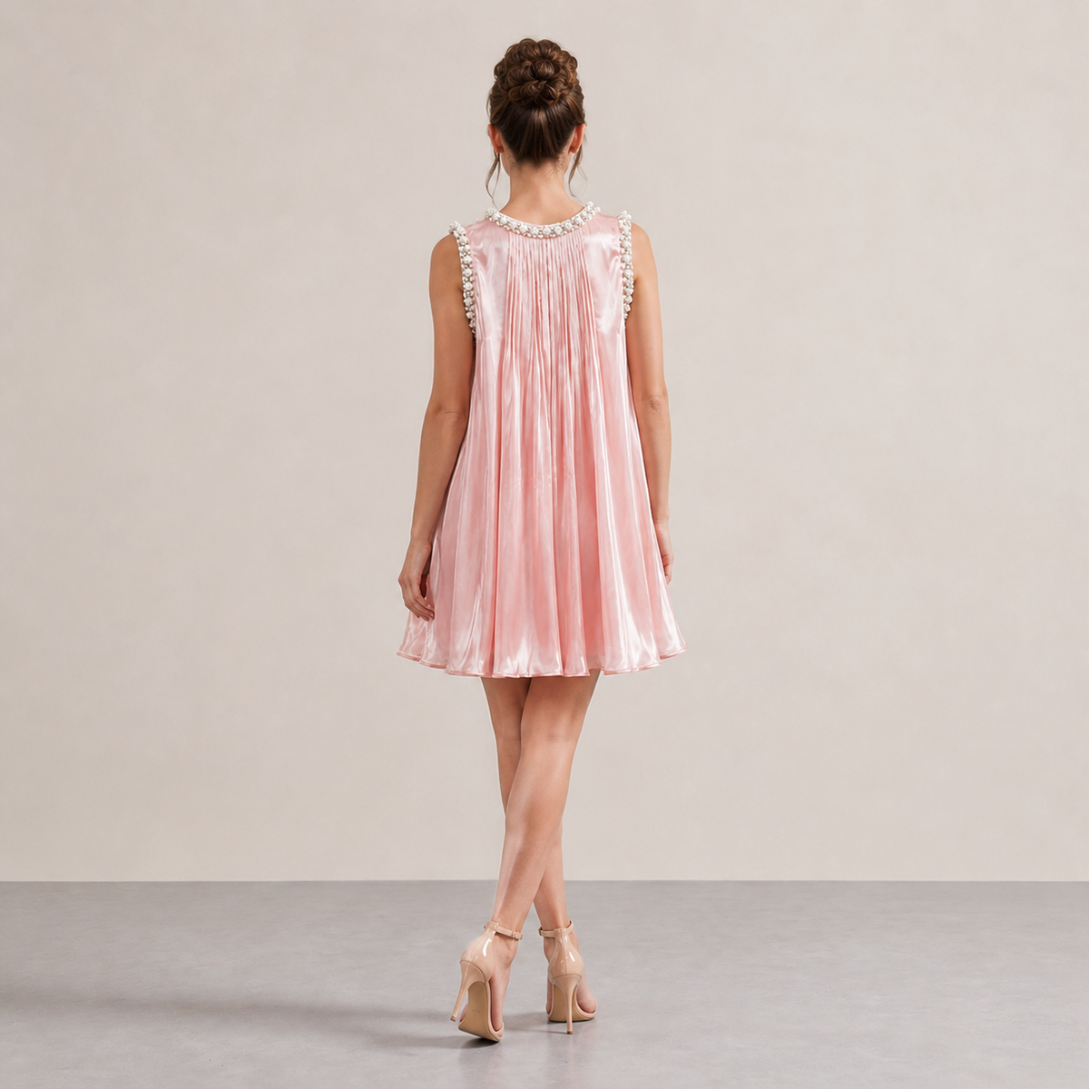 Pearl Beaded High Neck Pleated Swing Mini Dress 3
