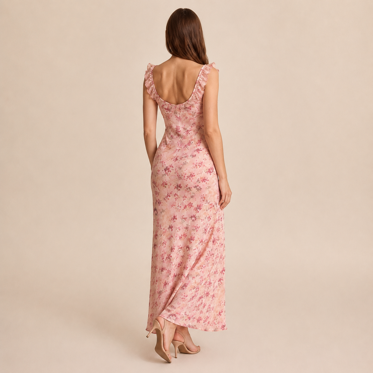 Floral Scoop Neck Ruffle Tie Front Satin Slip Maxi Dress 3