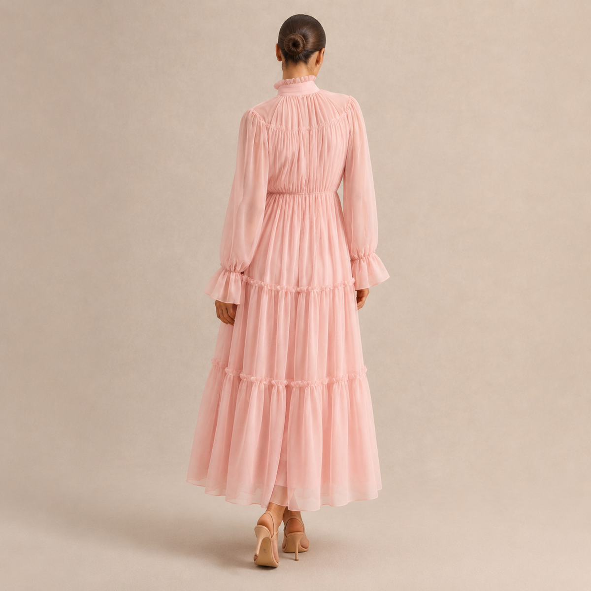 High Neck Long Sleeve Tiered Ruffle Chiffon Maxi Dress 3