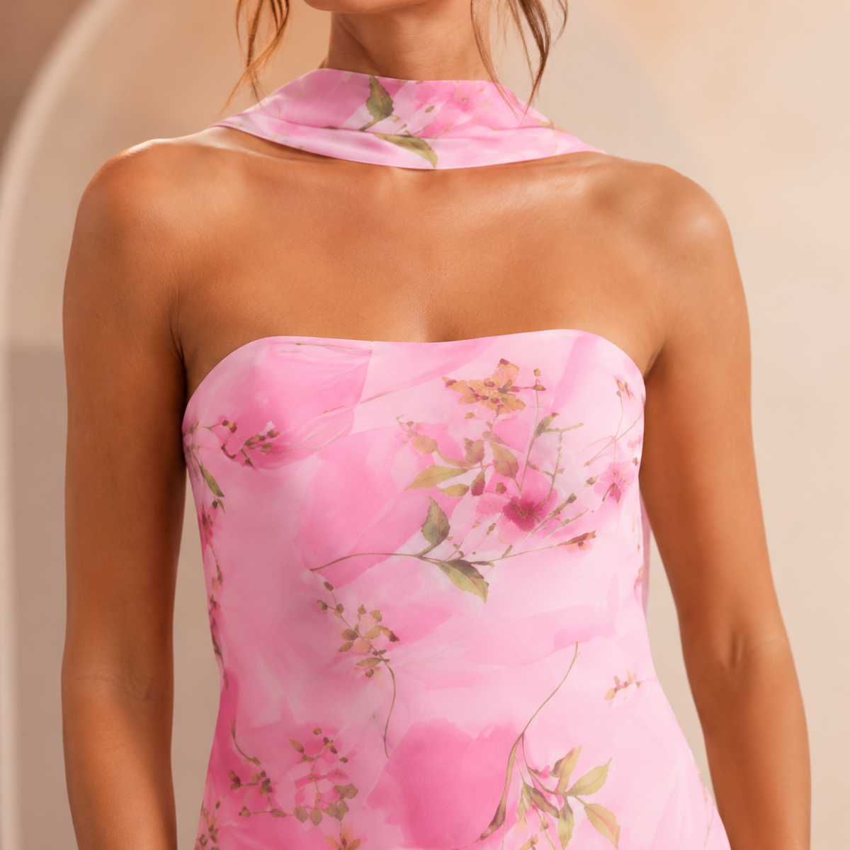 Strapless Floral Print Scarf Neck Mermaid Maxi Dress 8