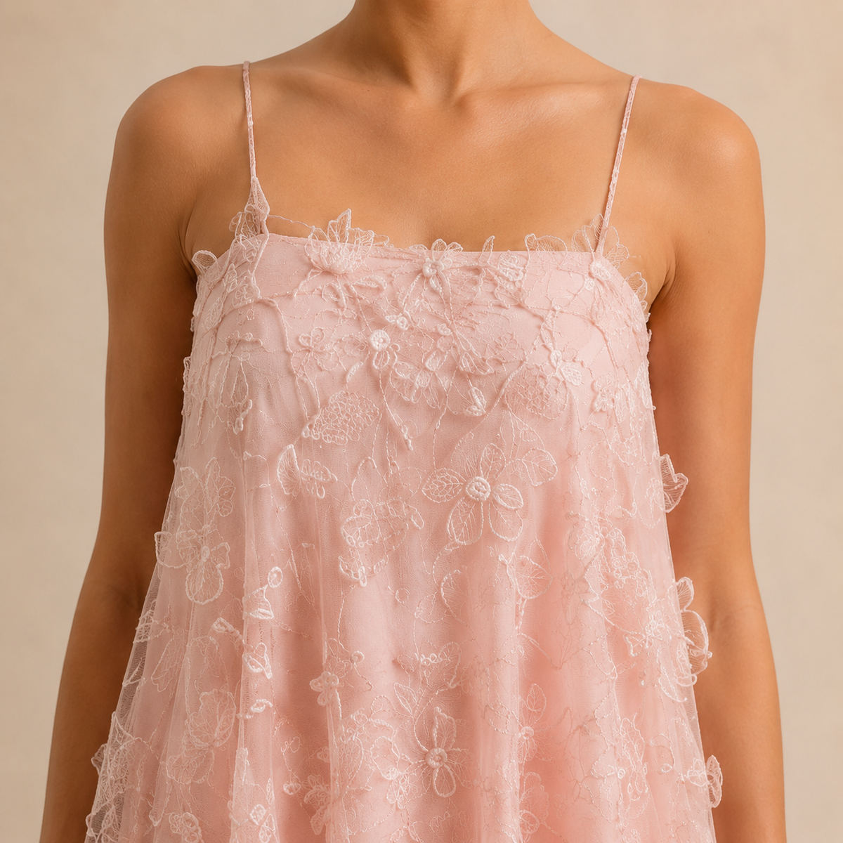 Floral Applique Spaghetti Strap Tulle Babydoll Mini Dress 2