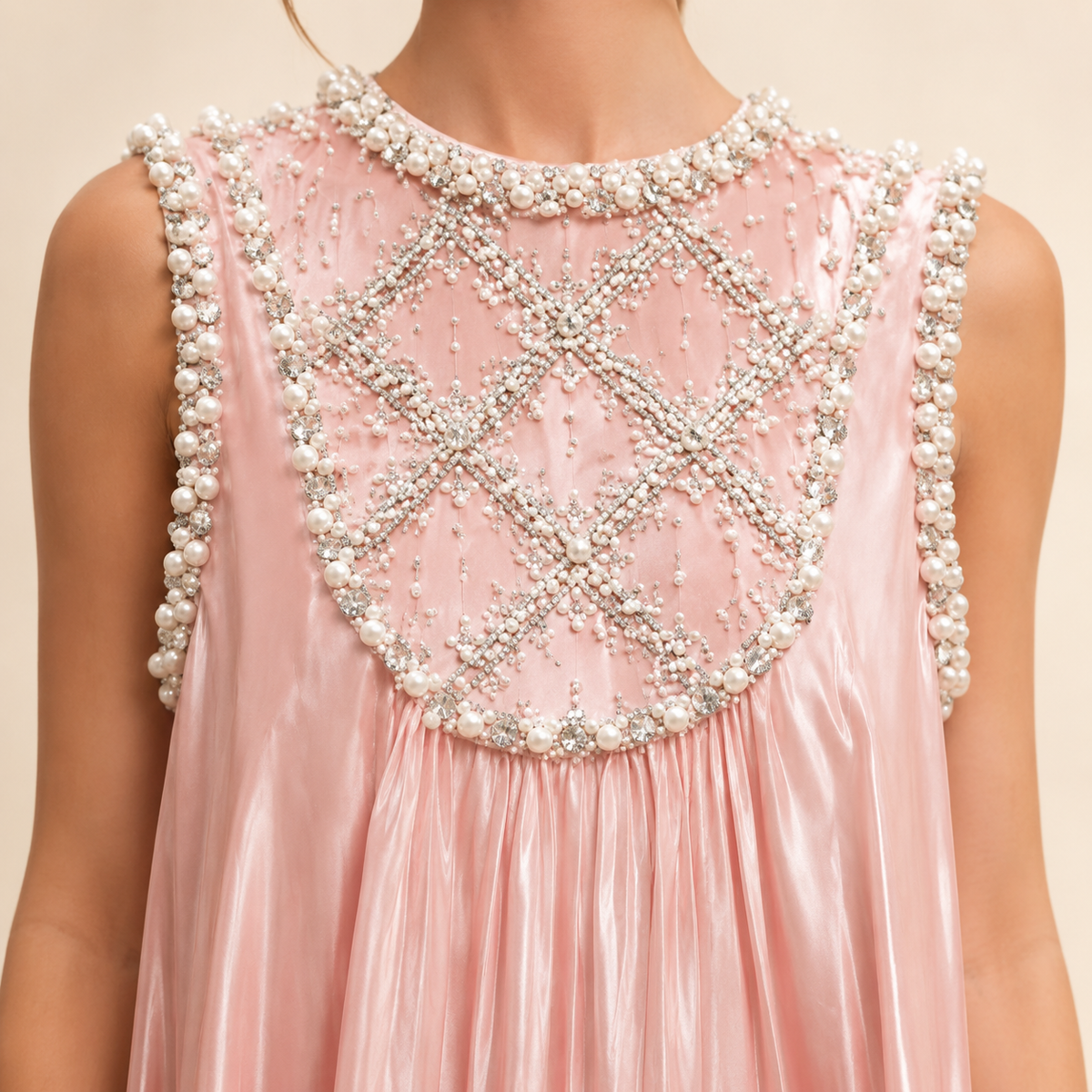 Pearl Beaded High Neck Pleated Swing Mini Dress 2