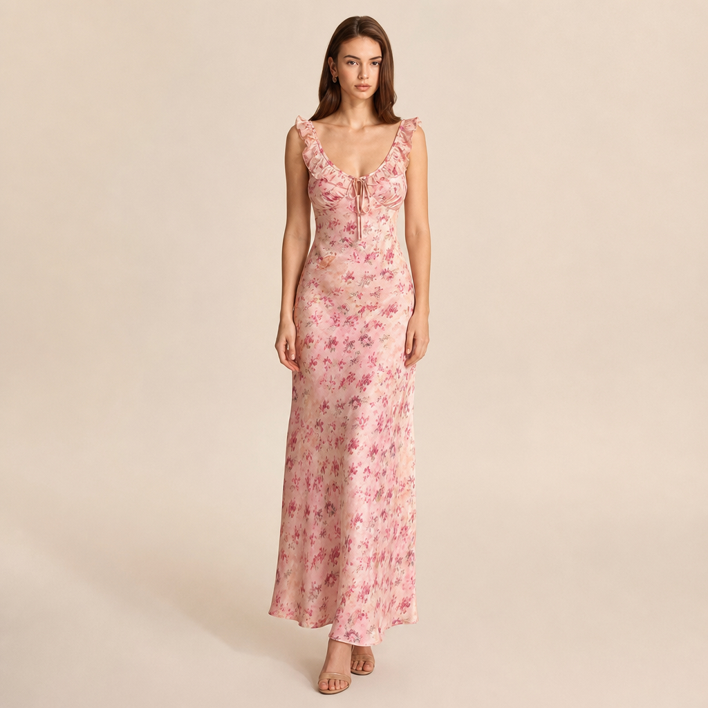 Floral Scoop Neck Ruffle Tie Front Satin Slip Maxi Dress