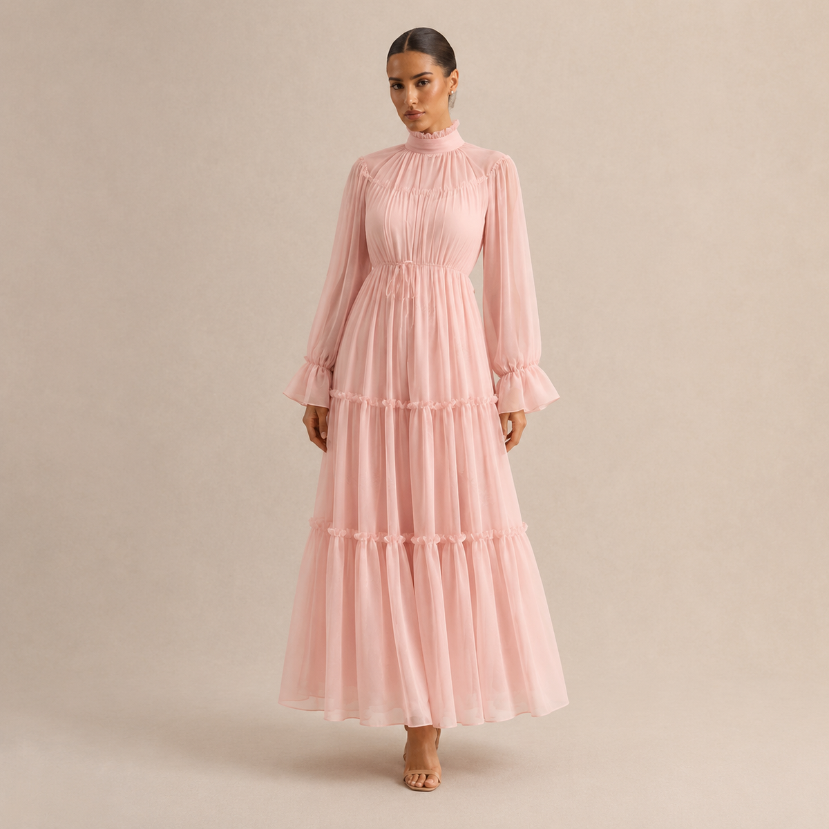 High Neck Long Sleeve Tiered Ruffle Chiffon Maxi Dress
