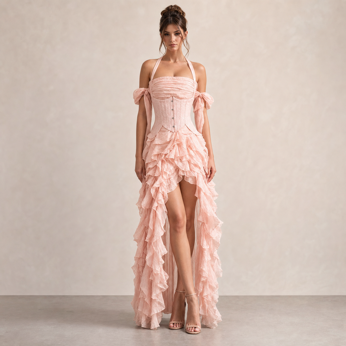 Halter Neck Off Shoulder Corset Ruffle High Low Maxi Dress 7