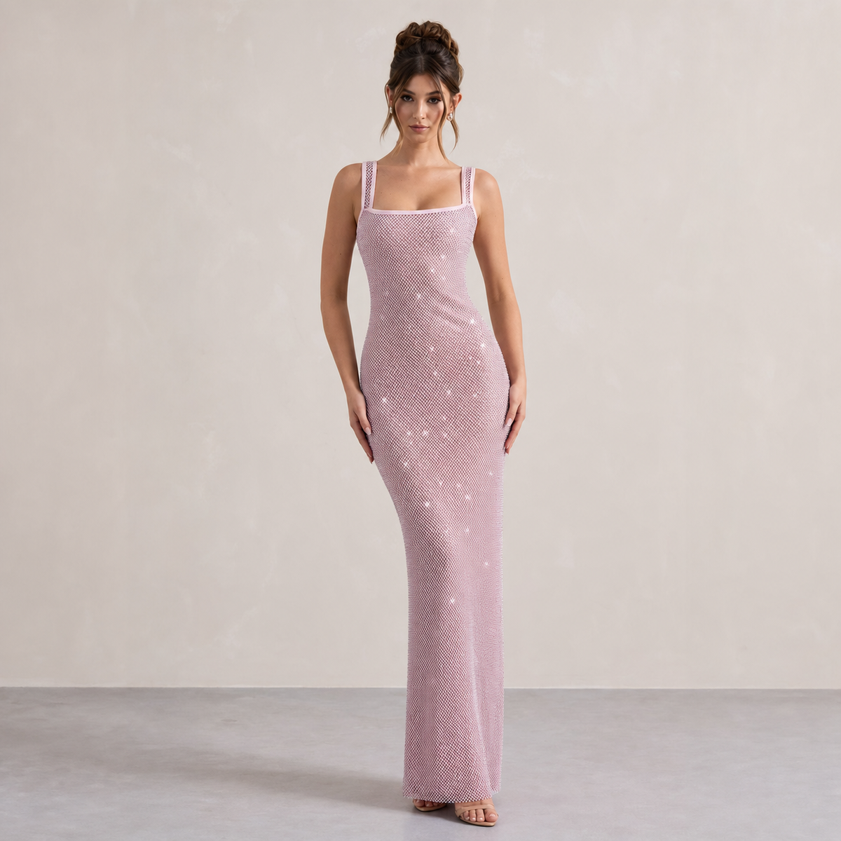 Rhinestone Square Neck Sleeveless Bodycon Maxi Dress 10