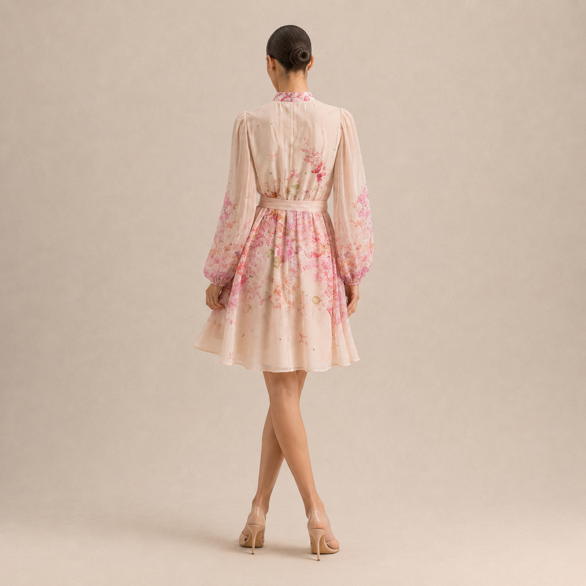 Floral High Neck Long Sleeve Belted Sheer Mini Dress 6