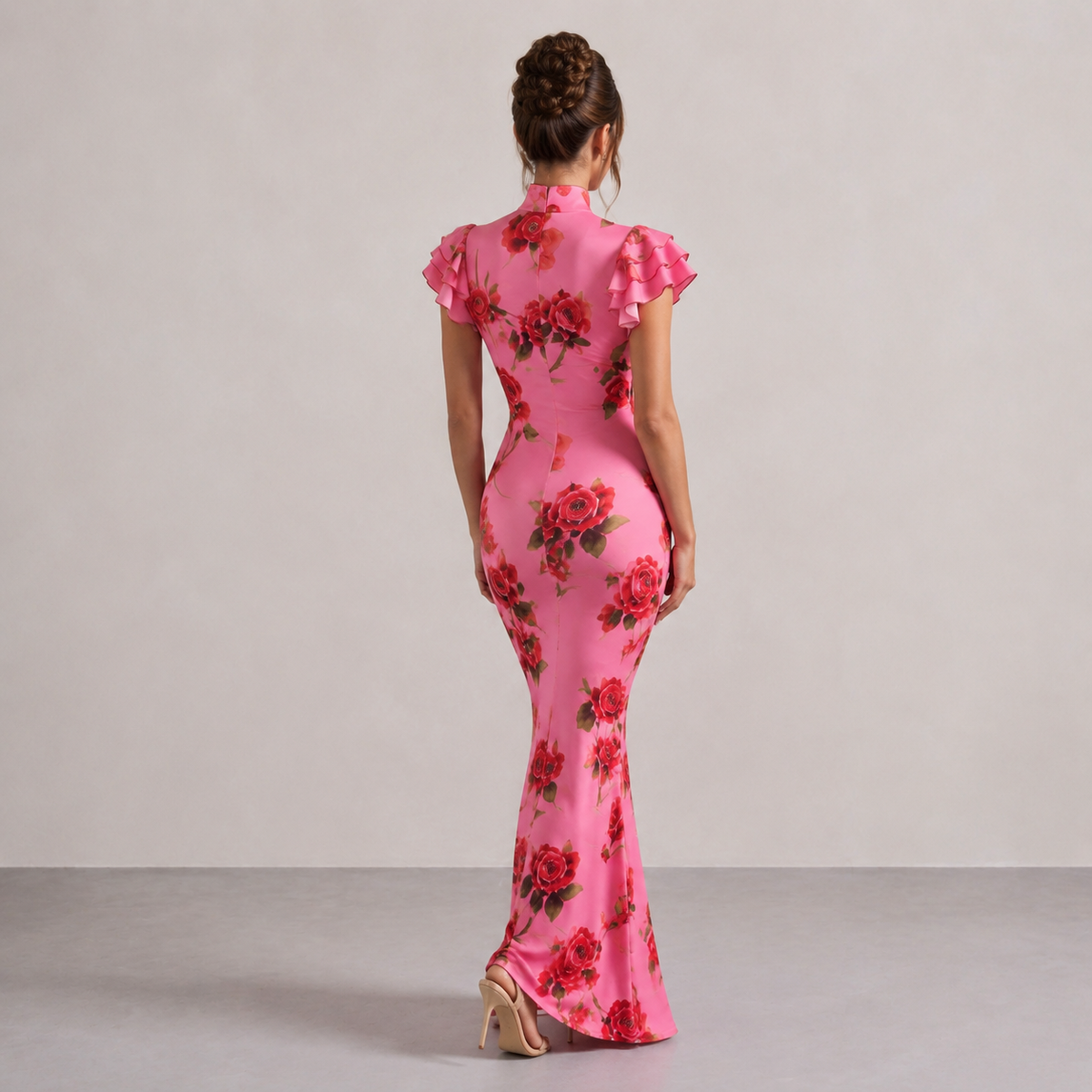 Rose Floral Mandarin Collar Ruffle Sleeve Fishtail Maxi Dress 6