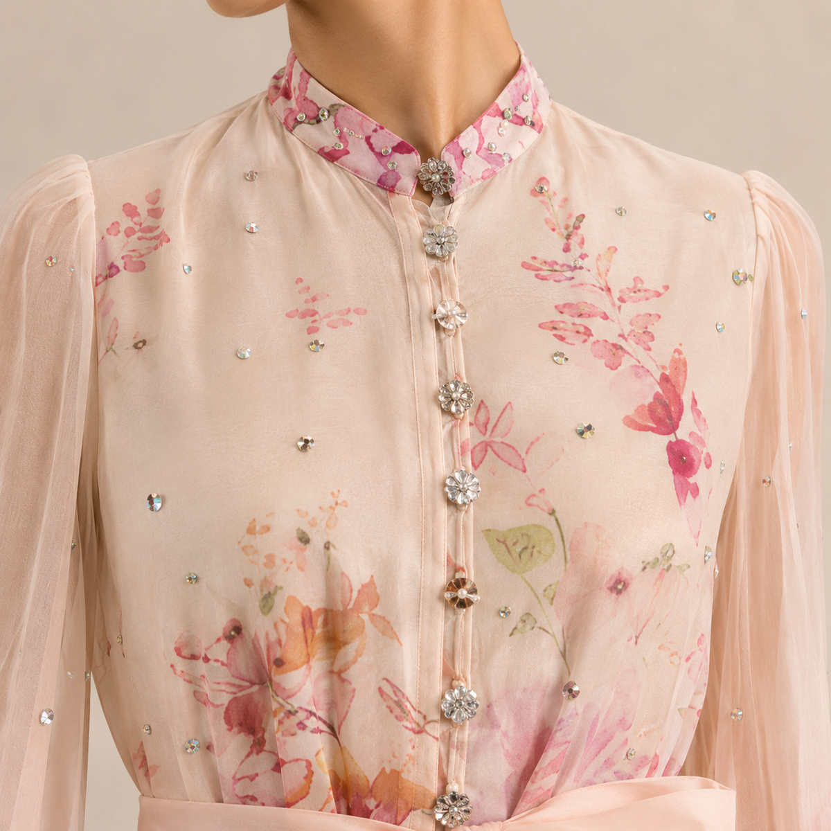 Floral High Neck Long Sleeve Belted Sheer Mini Dress 5