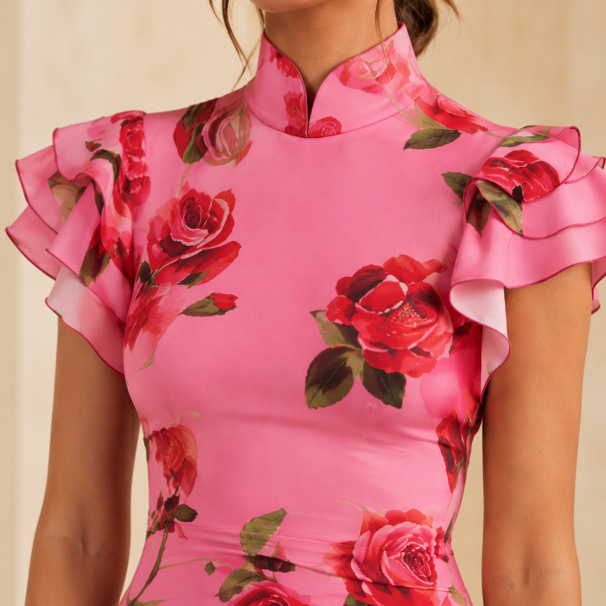 Rose Floral Mandarin Collar Ruffle Sleeve Fishtail Maxi Dress 5