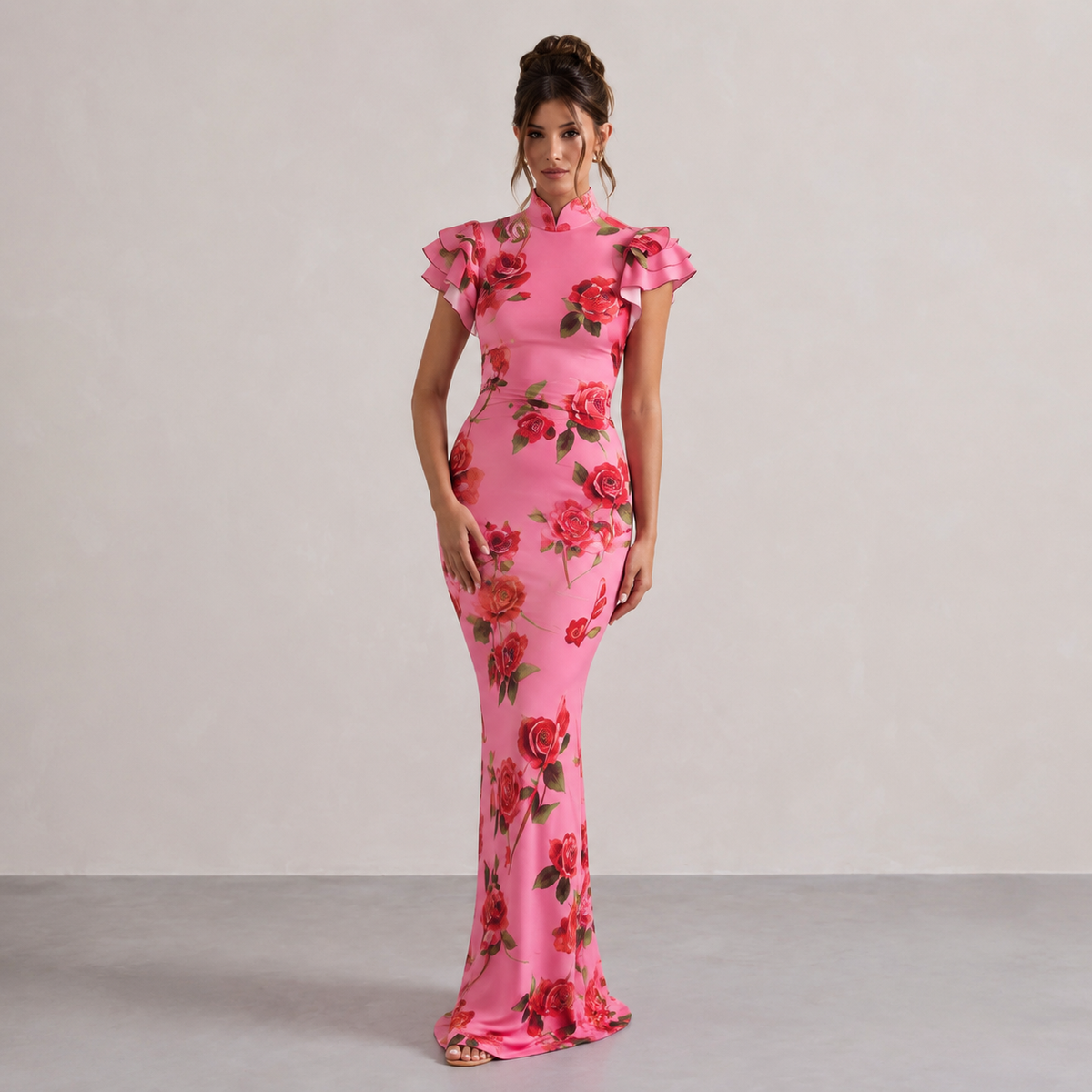 Rose Floral Mandarin Collar Ruffle Sleeve Fishtail Maxi Dress 4
