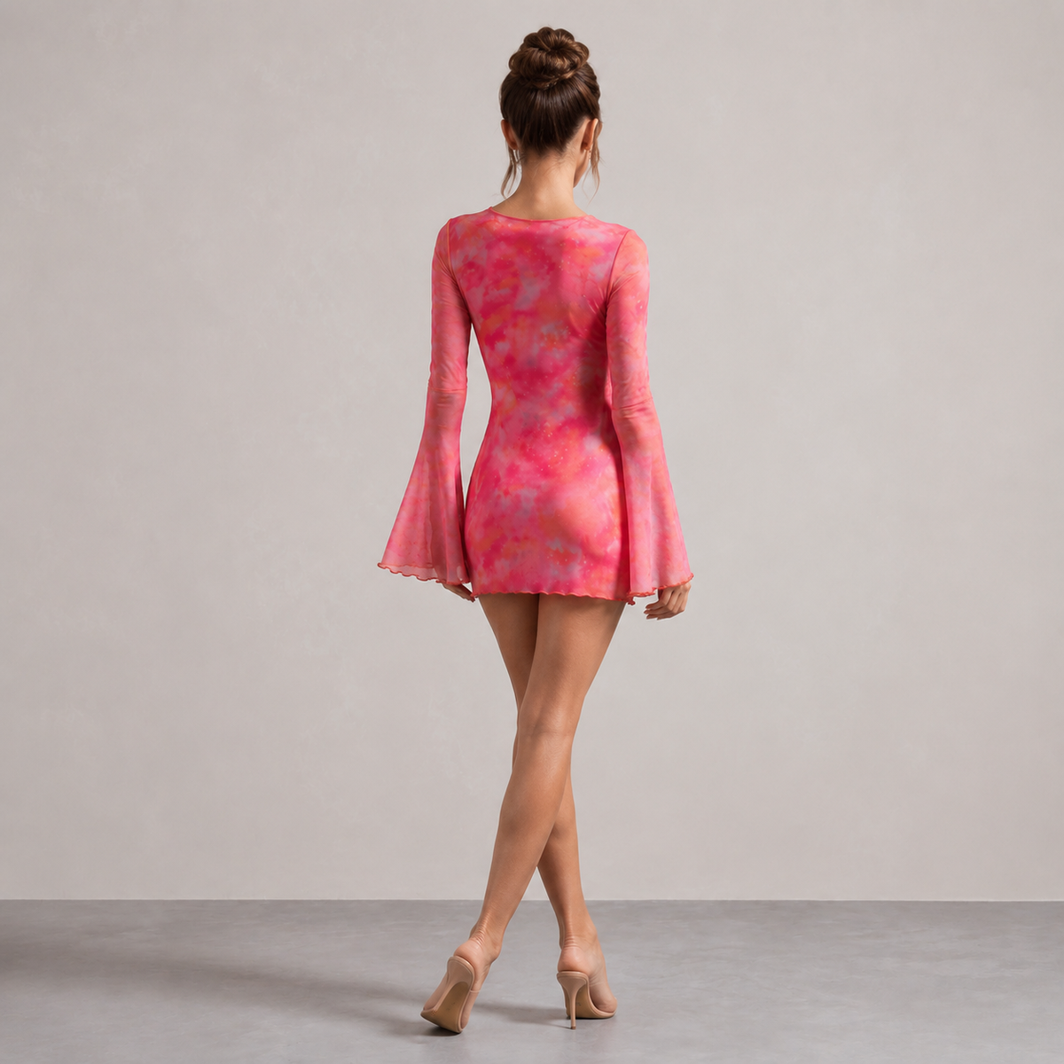 Round Neck Bell Sleeve Sheer Mesh Bodycon Mini Dress 9